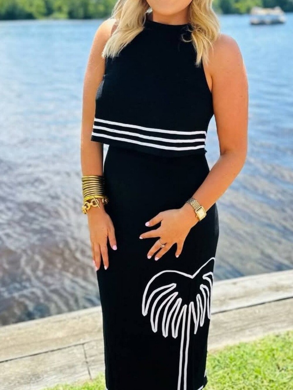 NWT FORE Black & White Palm Tree 2-Piece Crop Top & Maxi Skirt Set - Size Medium